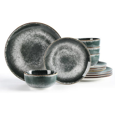 Dinnerware Sets Service for 4,12 pcs Porcelain Plates and Bowls for Kitchen, Housewaring Gift,Chip and Scratch Resistant Dish Set,Handmade Dishwasher and Microwave Safe Plate Set,Dark Green