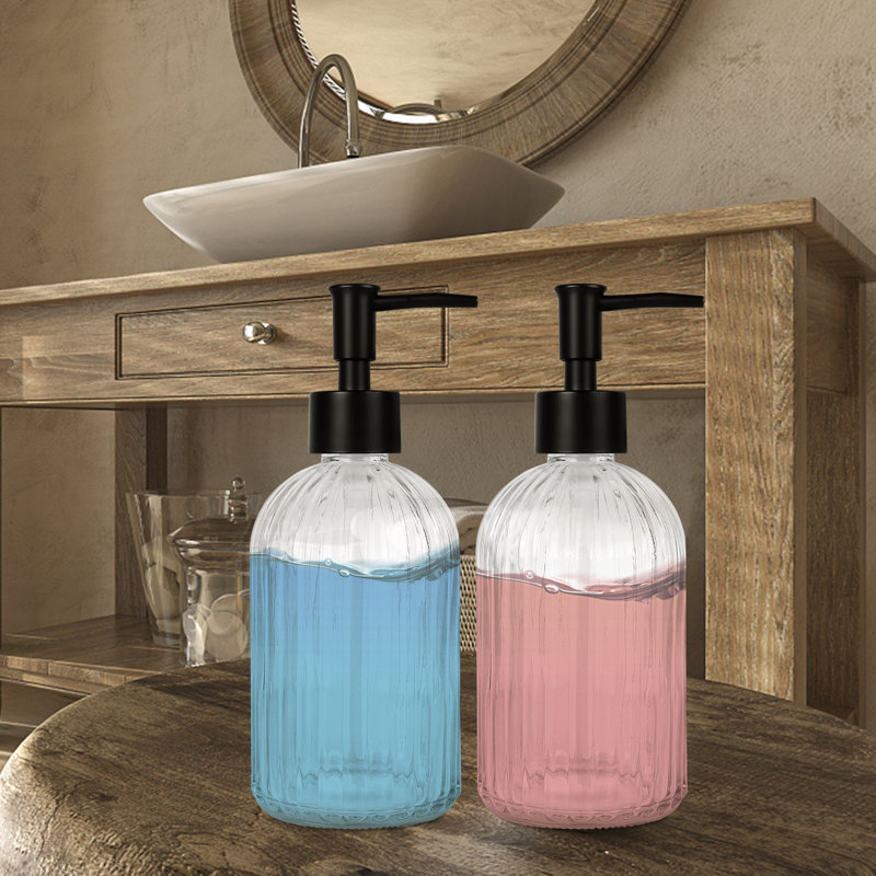 Ensemble de 2 distributeurs de savon en verre avec pompe, distributeurs de savon rechargeables 13,5 oz avec rayures verticales pour le lavage à la main et le lavage de la vaisselle, distributeur de savon de salle de bain élégant pour liquide vaisselle, lotion
