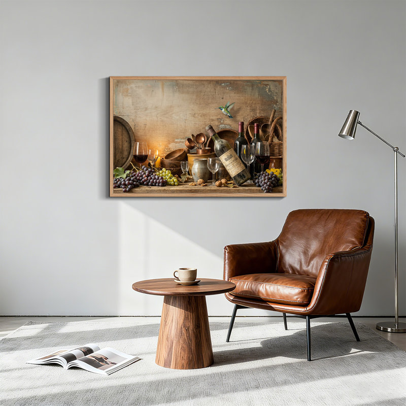 Tableau sur toile représentant une bouteille de vin rustique, des raisins et des ustensiles en cuivre, H 32 po x l 48 po