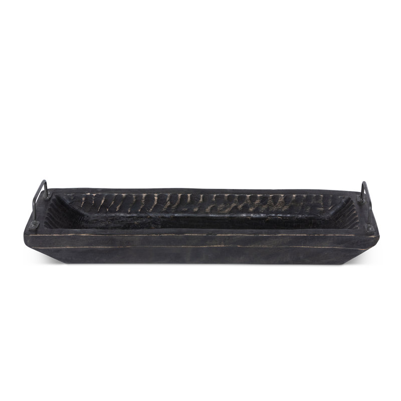 Carved Wood Tray with Iron Handles