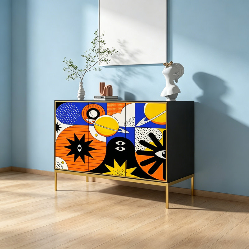 Modern Abstract Art Ash Wood Storage Cabinet