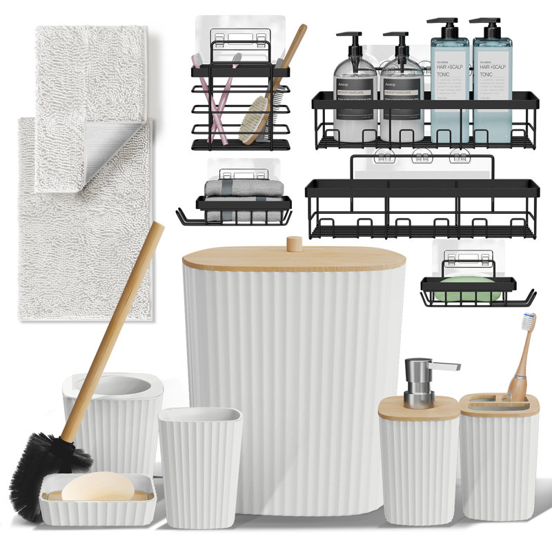 Ensemble complet d'accessoires de salle de bain 13 pièces avec accents en bambou, poubelle, brosse de toilette, 2 tapis de bain et 5 paniers de douche inclus