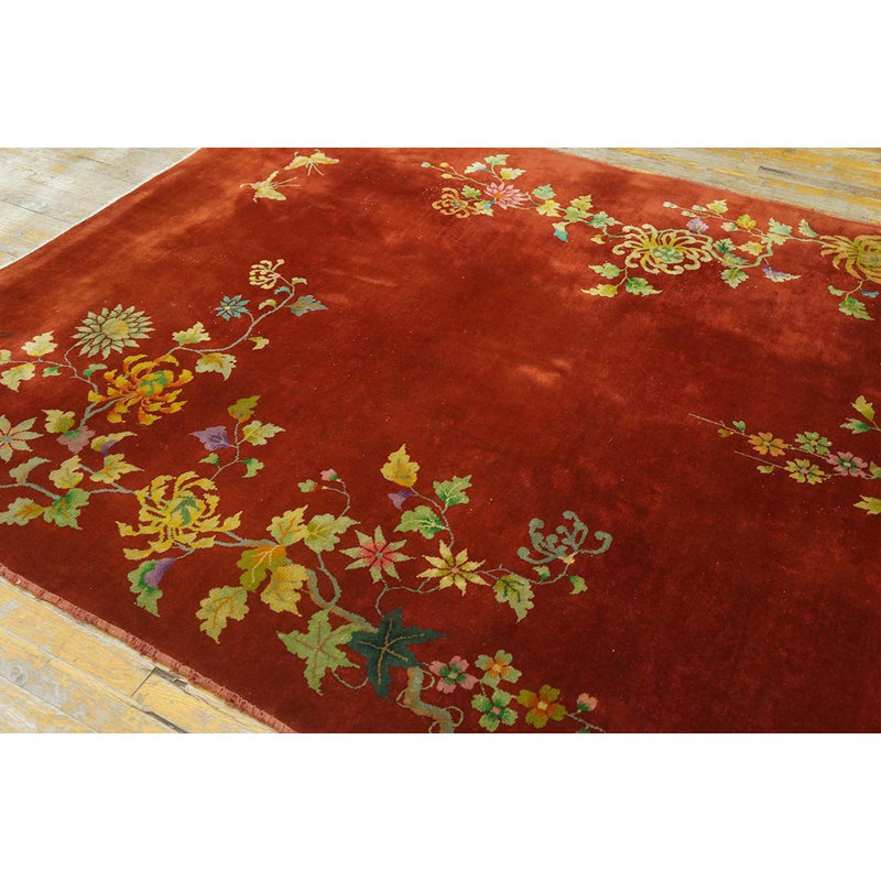 Wool Chinese Hand Knotted Pile Antique Floral Art Deco 1930s Rug