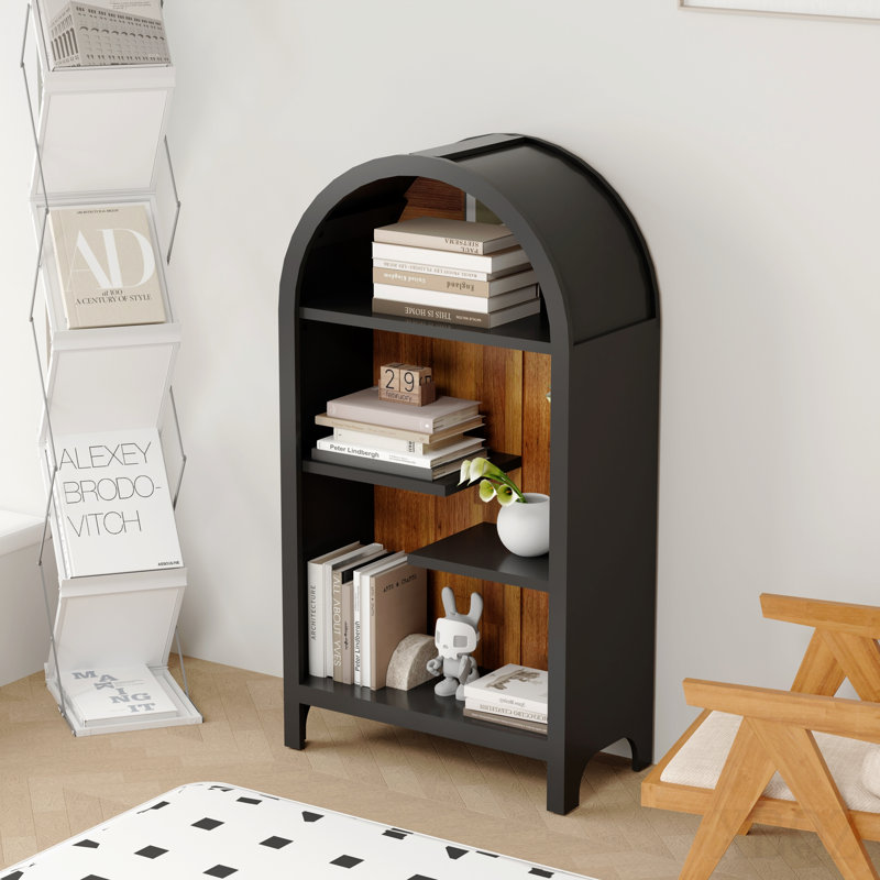 Étagère ouverte arquée de style industriel - Présentoir asymétrique foncé autoportant à 4 niveaux pour la maison et le vestibule