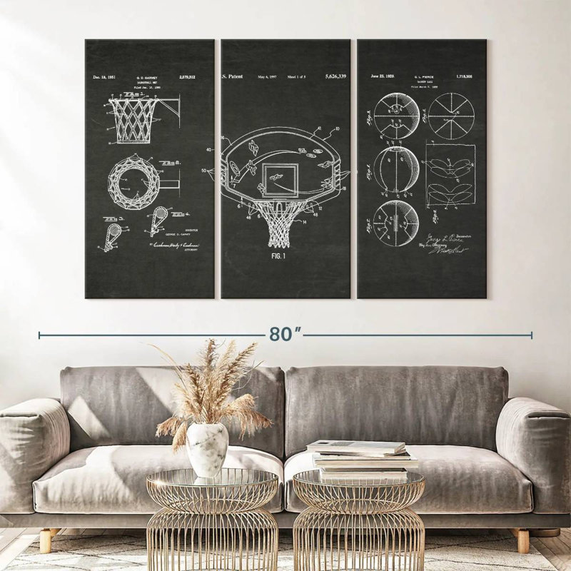 Ensemble de 3 pièces de basketball sur toile, H 42 po x l 65 po x P 1,25 po