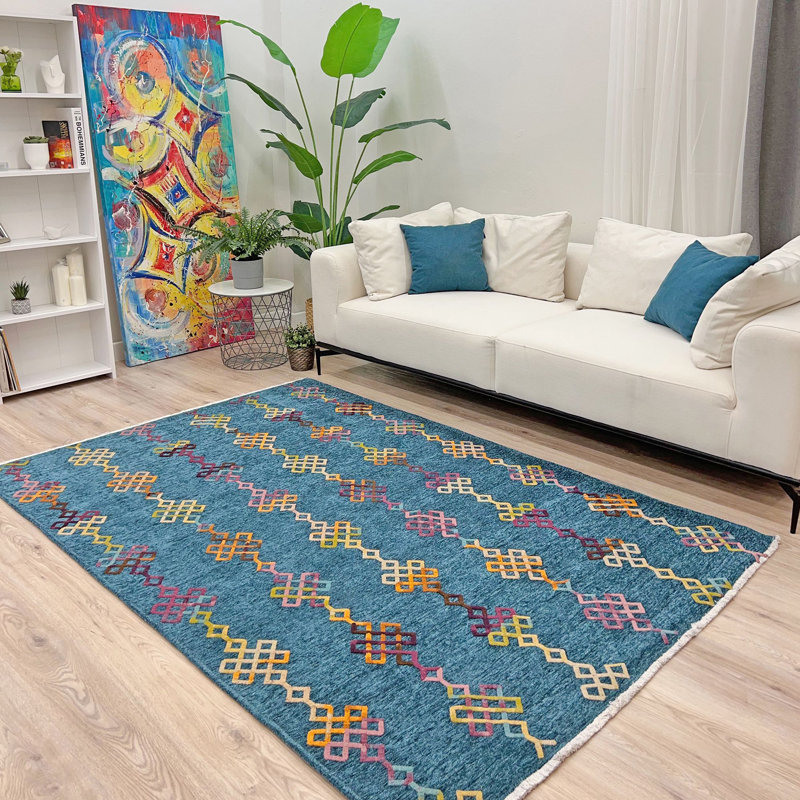 Alfa Rich Moroccan Blue Washable Cotton Area Rugs for Living Room Bedroom Kitchen Dining Rug, Rectangle 4'1" x 5'9"