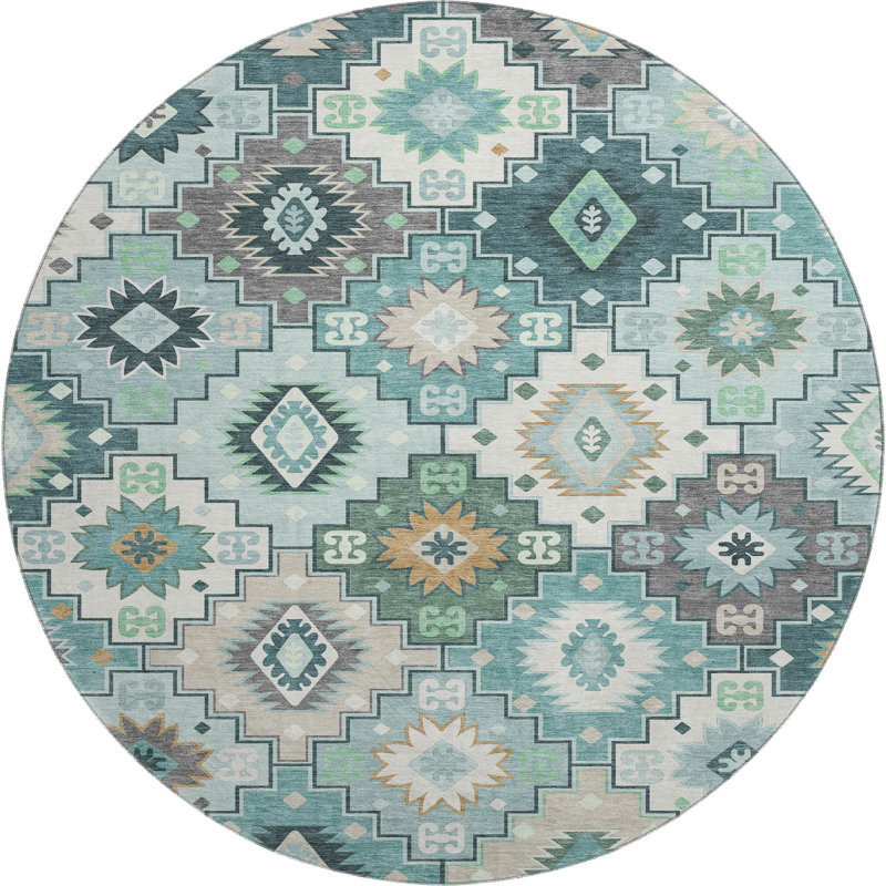 Premium Machine Washable Mayfield  Ethnic Rug, Teal, 8' Round