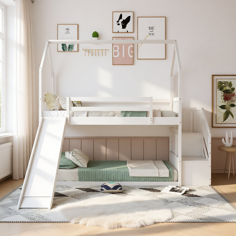 Lit superposé simple au-dessus de simple avec glissière convertible et escalier de rangement, structure en bois massif avec barrières de sécurité pour chambre d'enfant