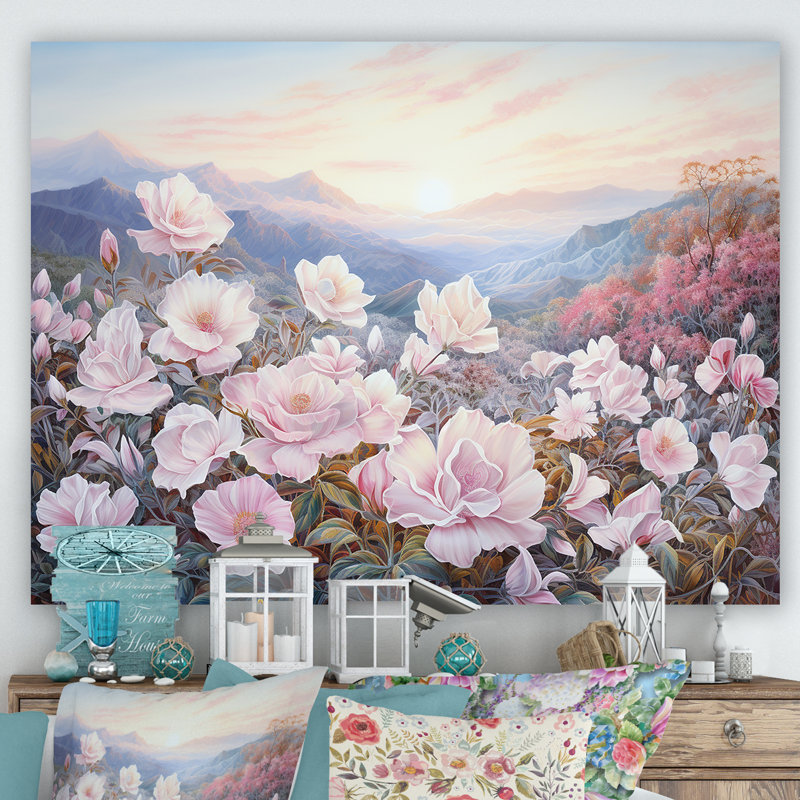 Champ de roses roses en montagne, Toile tendue, H 24 po x l 32 po x P 1 po