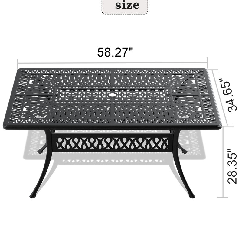 Cast Aluminum Outdoor Table, 58.13*33.9", Black Frame, Umbrella Hole, Rust-, 6 Use Frame Patio 58.13"X33.9", Corrosion , Seating