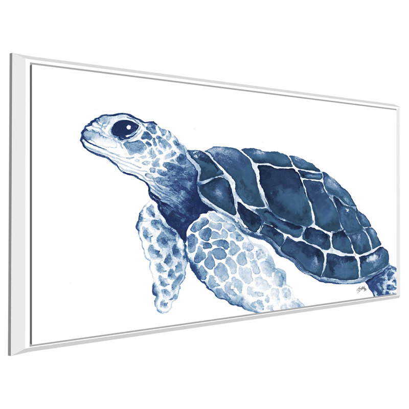 «Turtle in The Blues», reproduction de peinture acrylique, H 21,5 po x l 33,5 po x P 2 po, Cadre flottant blanc