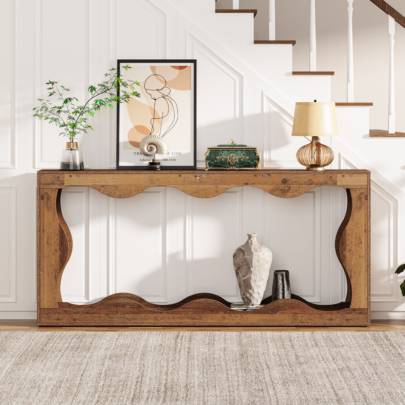 Enisha 63" D Scalloped 2-Tier Console Table, Mix Brown