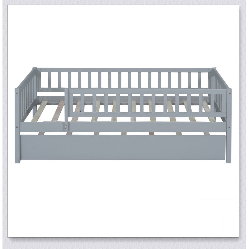 Wood Daybed With Trundle And Fence Guardrails, Gray, Twin