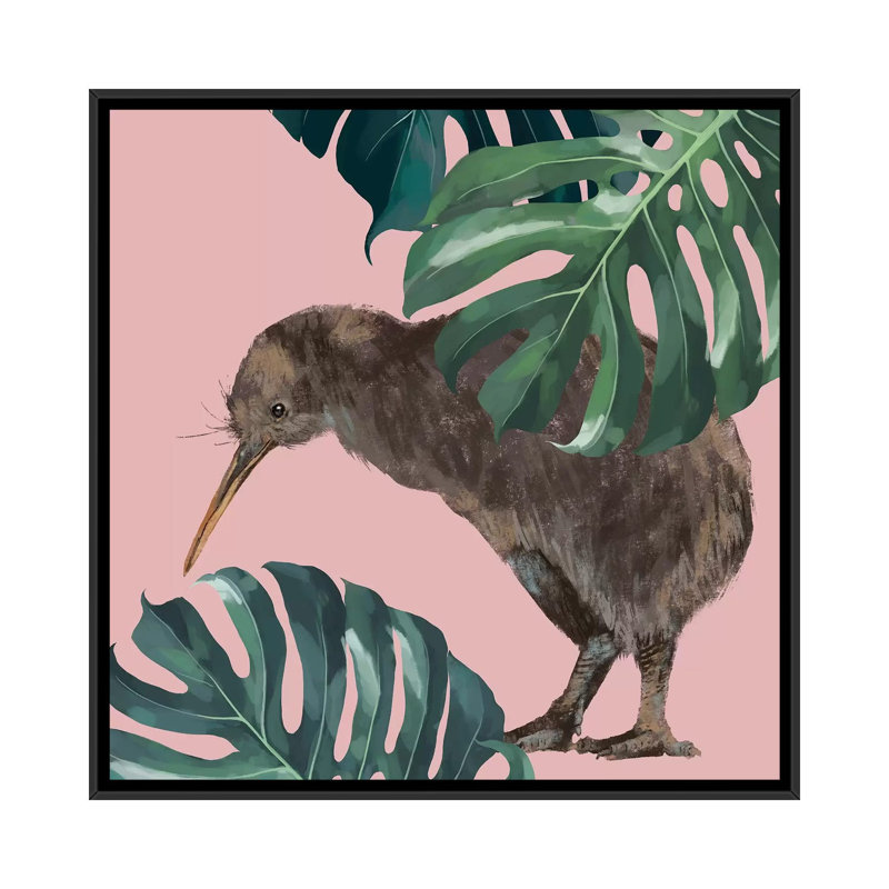 Kiwi oiseau avec monstera art, H 37 po x l 37 po x P 1,5 po, Toile avec cadre noir