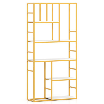 71 Inch Tall Modern Metal Bookshelf, 5-Tier Geometric Staggered Shelving Unit for Living Room, Home Office & Bedroom, Gold & White