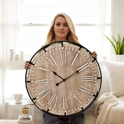 30 inch Extra Large Wall Clock - Designed with wooden and metal elements in rural cottages, featuring silent and non ticking battery power, suitable for living rooms, kitchens, offices, and bedrooms