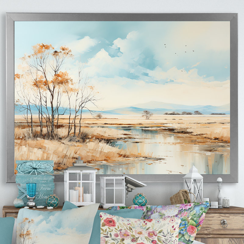 Beige Scerene Meadow Stream Harmony sur toile, Cadre simple argenté, H 24 po x l 32 po x P 1 po