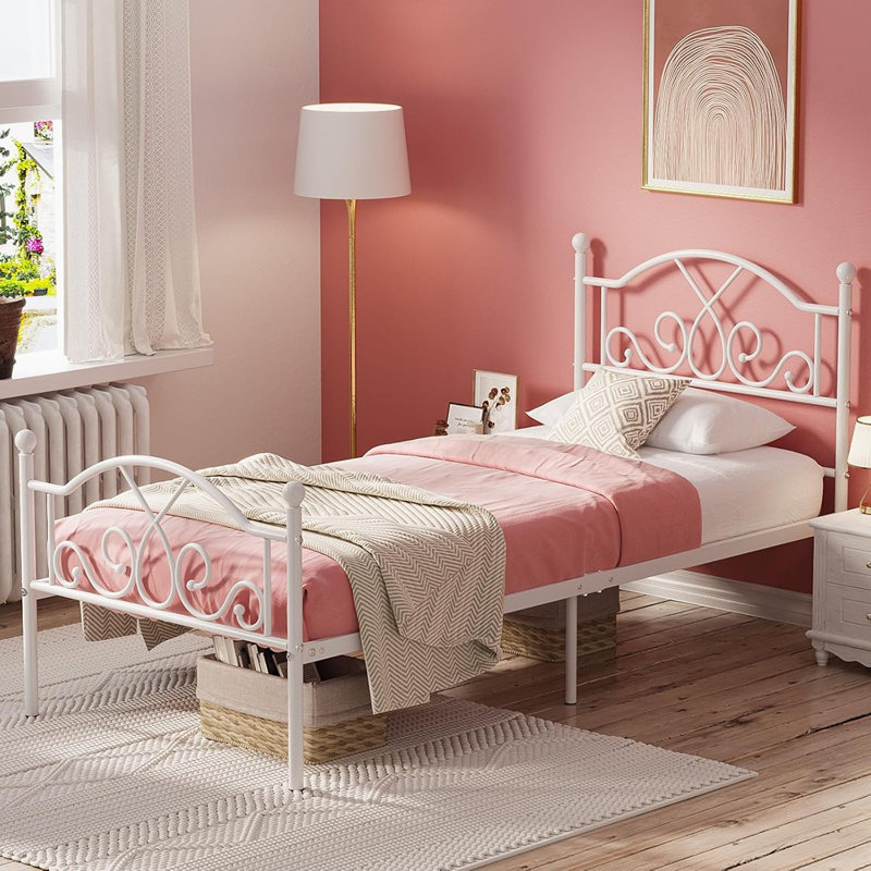 Structure de lit simple, structure de lit simple en métal pour enfants, pas de sommier simple avec tête de lit et pied de lit uniques, espace de rangement de 11,23 pouces - blanc