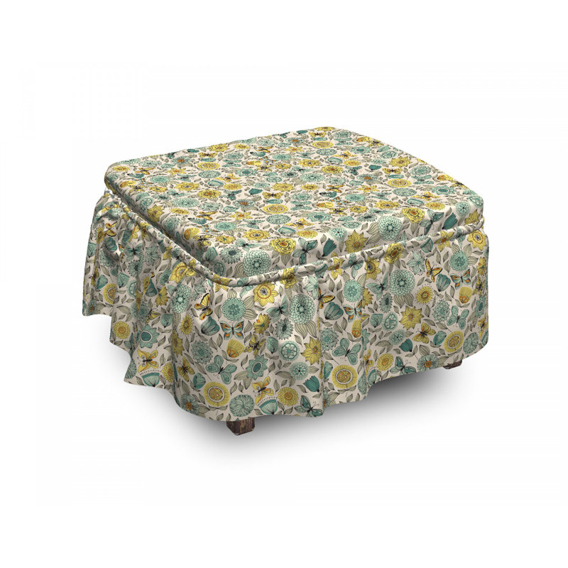 Housse pour repose-pieds, Jaune pâle floral ailes de papillon/Gris/Vert