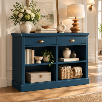 Farmhouse Console Table, 47" Entryway Sofa Table with 2 Drawers & 4 Open Storage Cubbies, MDF & Solid Wood Hallway Sideboard Cabinet for Living Room,