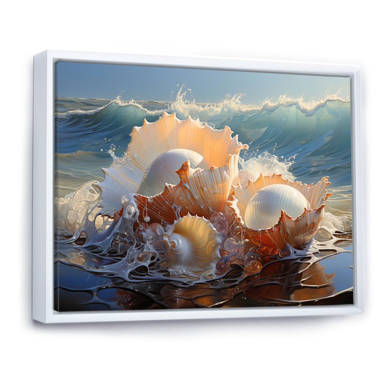 Coquillages blancs sur la plage - impression, Cadre flottant blanc, H 16 po x l 32 po x P 1 po