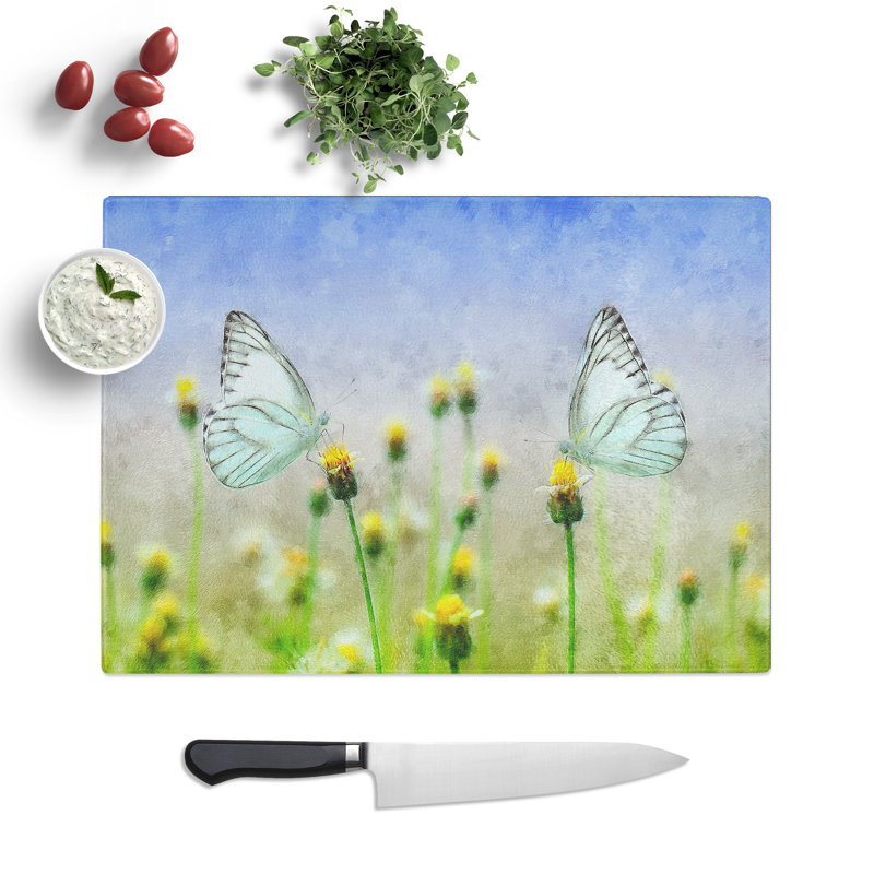Tempered Glass Two Butterflies upon Flowers Painting Chopping Board, 28.5 cm x 39 cm