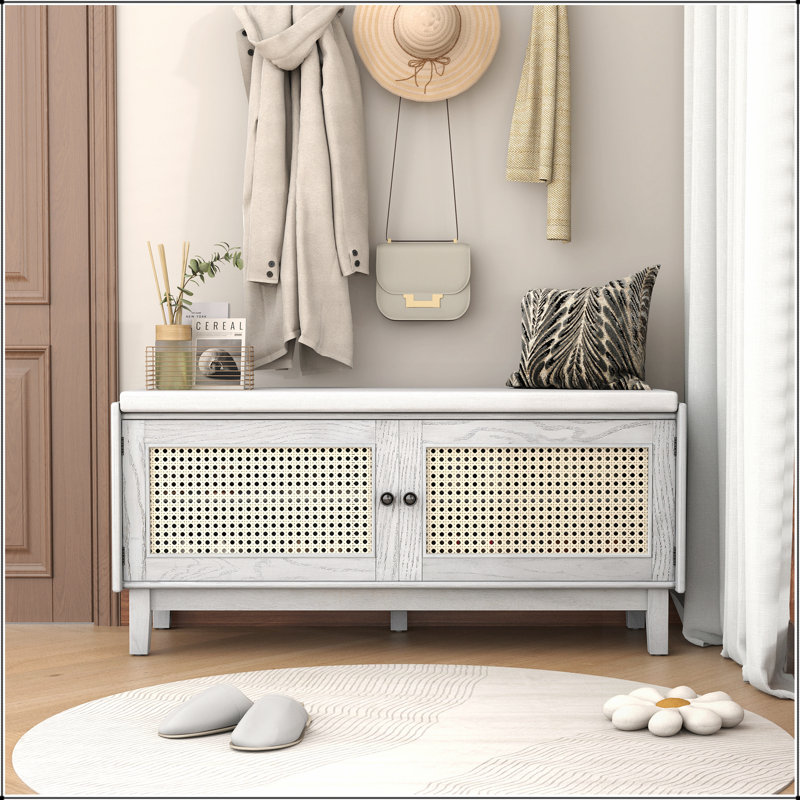 Banc d'entrée en rotin avec rangement Boho, Gris délavé