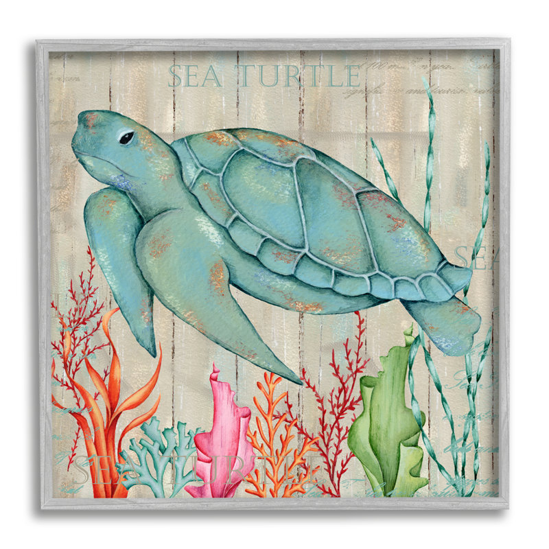 Gray Framed Coastal Sea Turtle Print with Colorful Coral