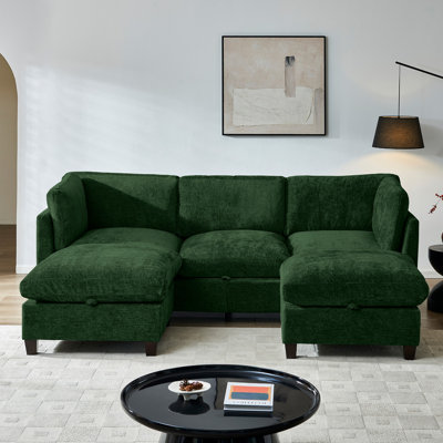 96.5" Sectional Couch For Living Room, Upholstered Soft Baden Fabric Sofa With Storage, 3-Seater With Two Ottomans U Shape Sofa