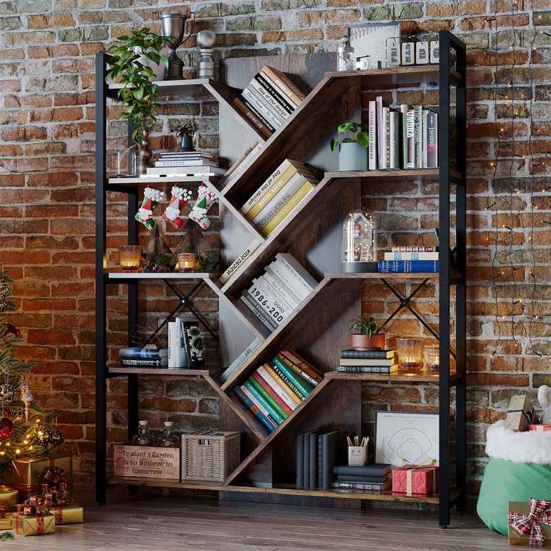 Industrial Tree Bookshelf, 5 Tier Tall Storage Rack With Open Shelves, Large  Bookcase Organizer For Bedroom Living Room Office