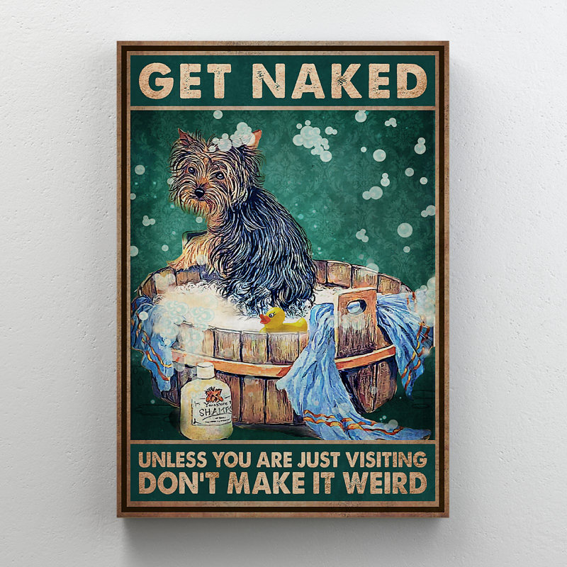 «Wet Yorkshire Terrier In Bath - Get N nu Gallery», toile décorative pour salle de bain «Bath and Laundry», décor de salle de bain brun et noir