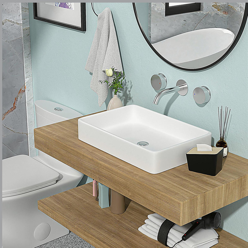 24"x16" White Ceramic Rectangular Vessel Bathroom Sink