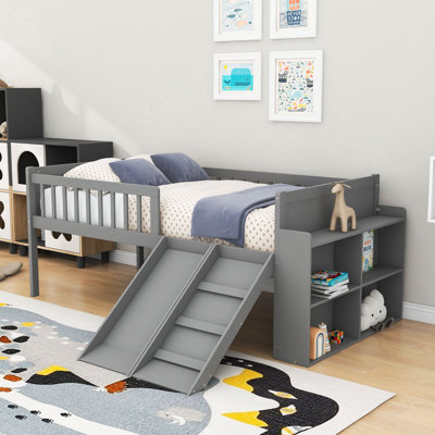 Wooden Kids Twin Loft Bed with Slide and Storage Shelf