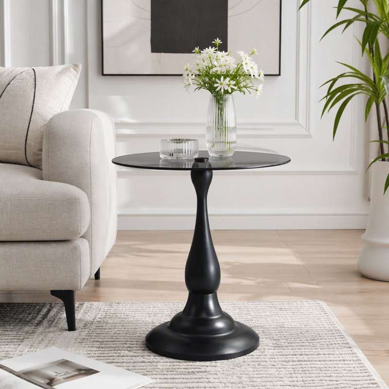 Table d'appoint en verre trempé avec piètement en métal noir mat et design épuré, Black,Gray