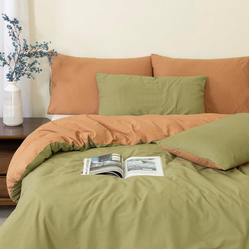 Reversible 100% Cotton Duvet Cover Set, Luxury Cotton Duvet Cover with Pillowcases, Soft & Breathable, King, Olive Green
