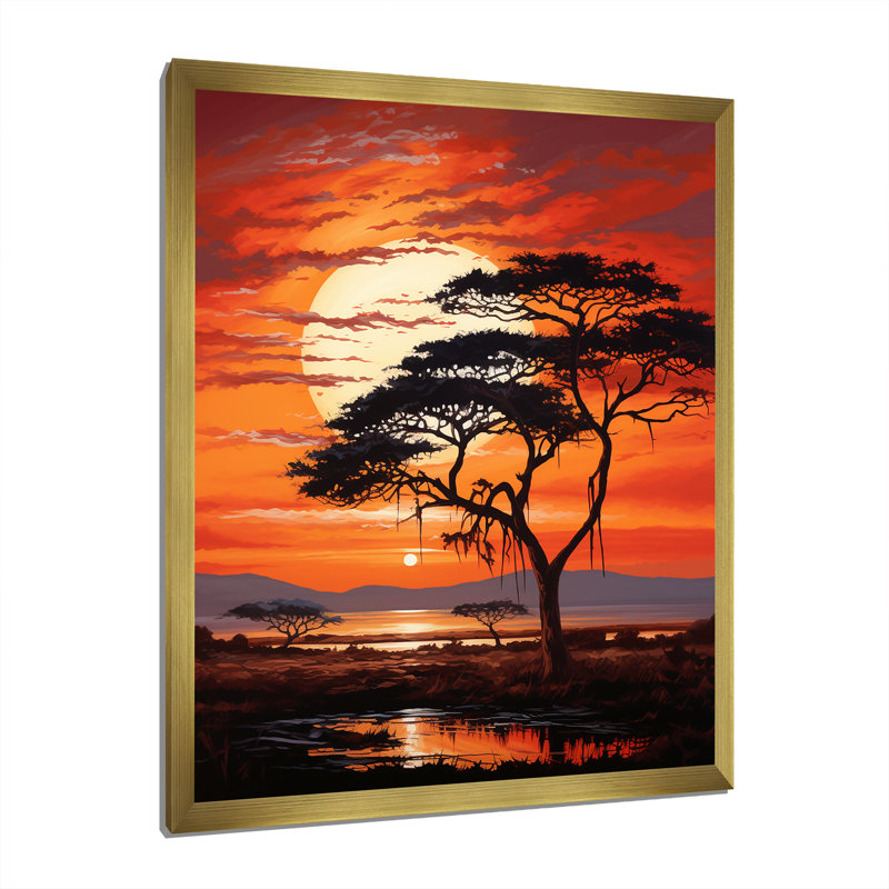 «African Tree Orange Sunset Majesty I», reproduction sur toile florale, Encadrement doré, H 20 po x l 12 po x P 1 po