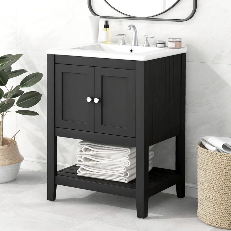Lavabo de salle de bain moderne élégant en céramique 24 po avec tablette ouverte en bois massif, Noir, Argent argent