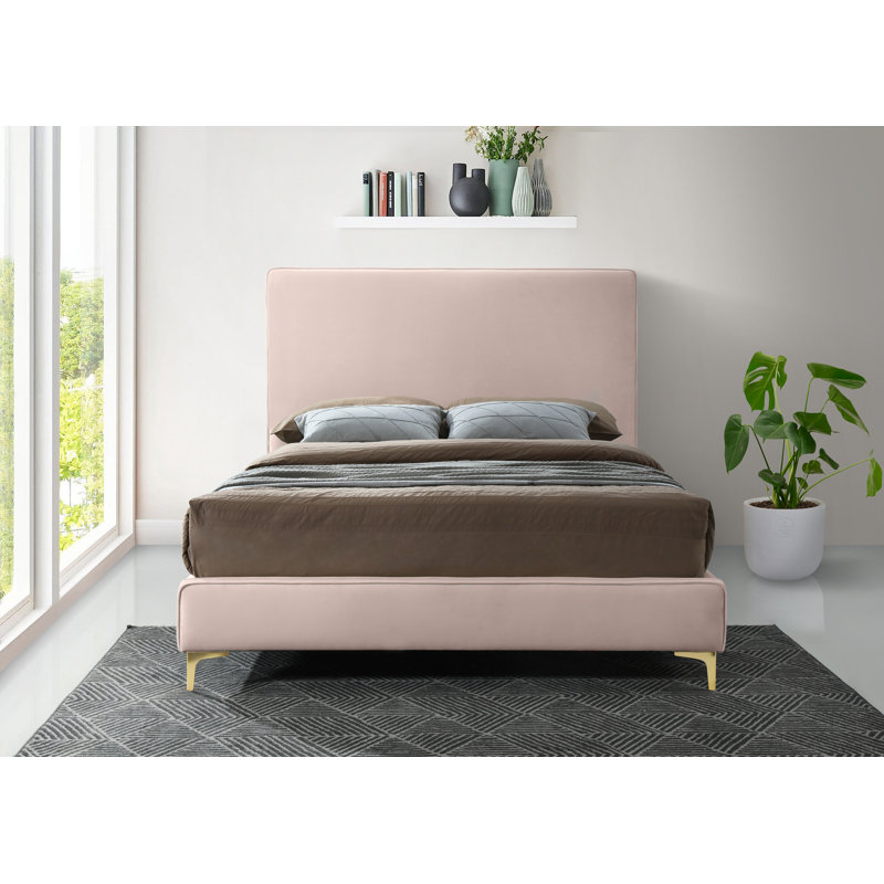 Lit plateforme tapissier à profil bas, Grand, Velours rose