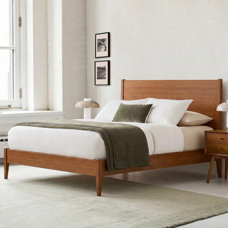 Structure de lit plateforme en bois de bambou massif de style Mid-Century avec lattes de bois et support en métal, lit-bateau, aucun sommier requis, assemblage facile