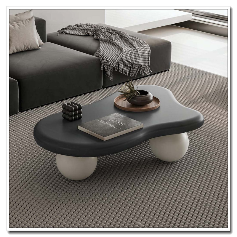 Table basse de 40 pouces en forme de nuage avec 3 pieds sphériques, Plateau noir / base blanche