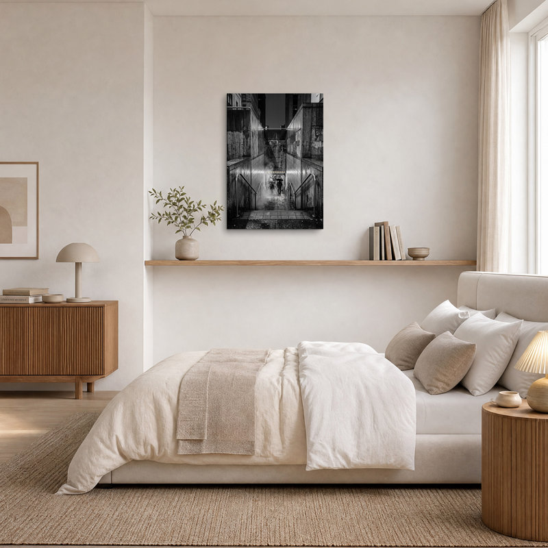 Escalier en béton noir et blanc avec vapeur - Tableau sur toile, H 36 po x l 24 po