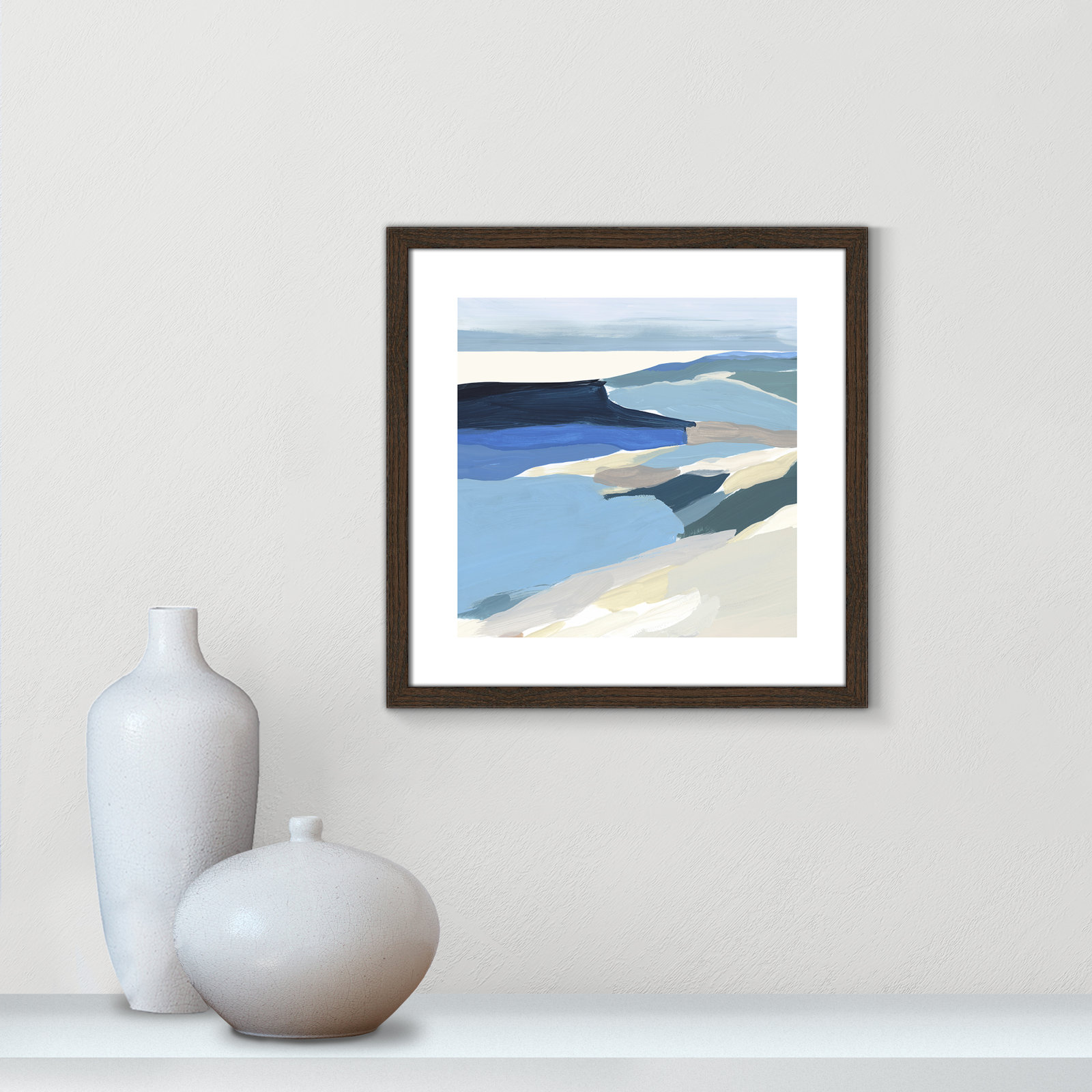Decker "Graham Lake II" Painting, Walnut Wood Framed Paper, 18.25" H x 18.25" W x 0.75" D
