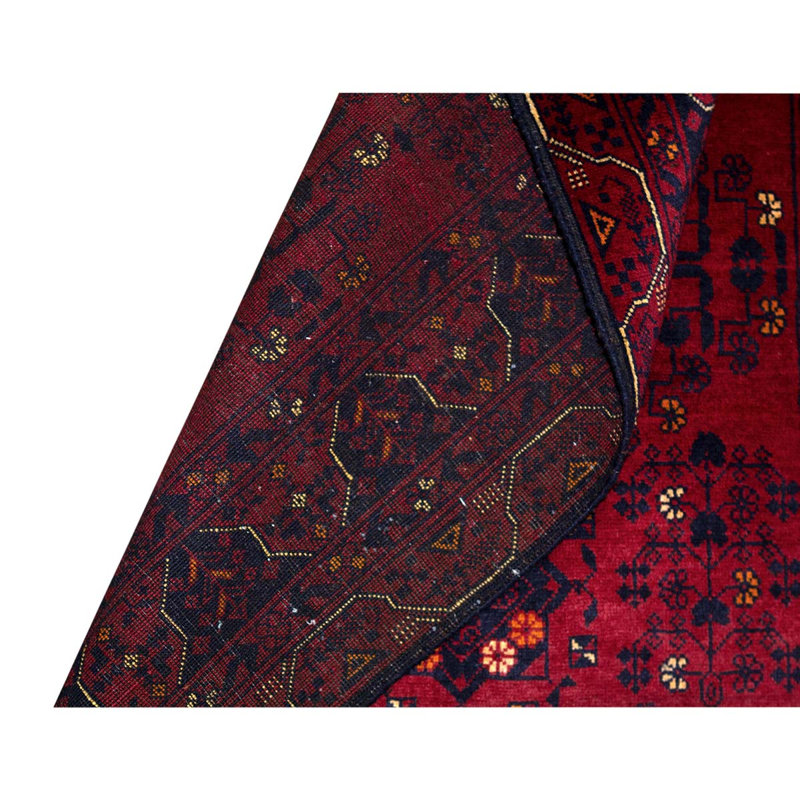Tapis noir / rouge / bleu en laine noué à la main de conception unique 3 pi 2 po x 4 pi 11 po