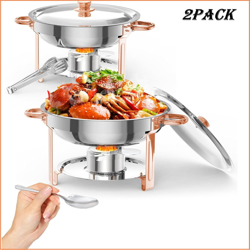 5qt 2 Packs Chafing Dish Buffet Set, Nsf Round Stainless Steel Chafers And Warmers Food Servers Sets With Lid & Lid Holder, Spoon & Tweezer For Catering Events Parties Weddings Dinners