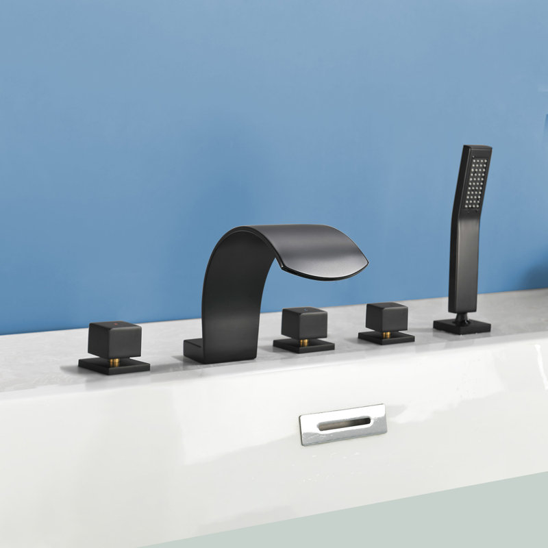 Deck Mount Roman Tub Faucet Set Waterfall High Flow Bathtub Faucets, Black