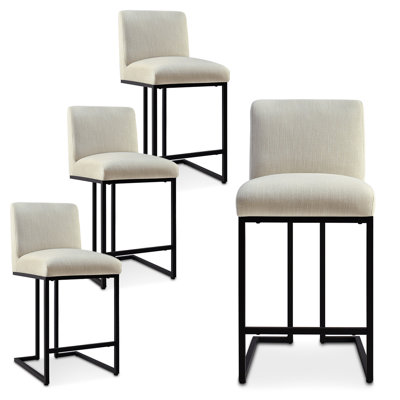 25" Counter Height Upholstered Bar Stools With Textured Fabric Seats And Black Metal Base