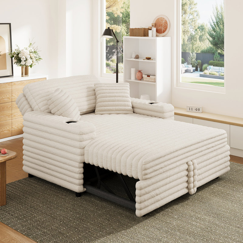 Rabbit Fur Corduroy Pull Out Sofa Bed Upholstered Chaise Lounge Couch, Horizontal Beige Faux Fur Fabric