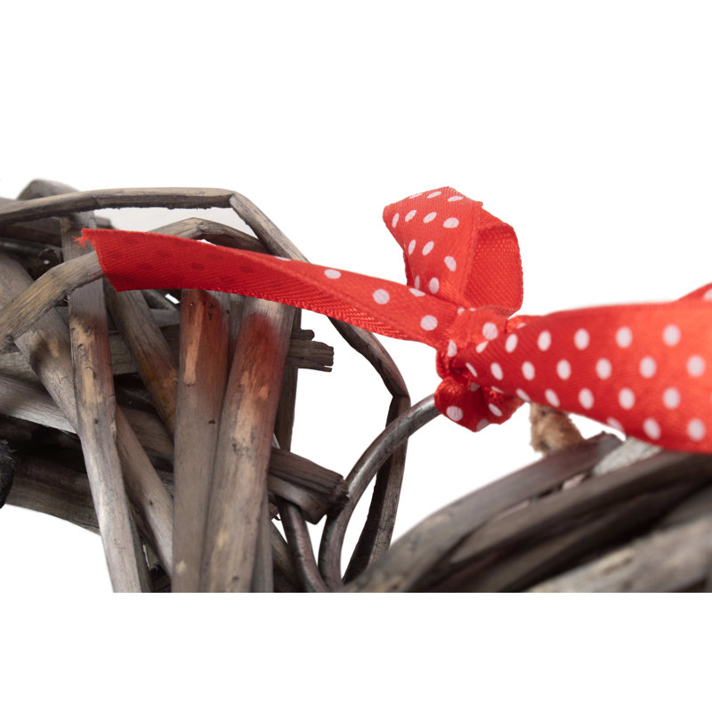 Wicker Heart Shaped Wreath with Spotty Ribbon, 29cm H x 29cm W x 5cm D