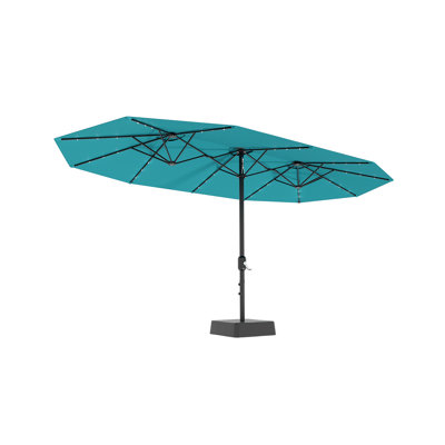 Grand parasol de patio 15 pi avec base et lumières solaires, parasol rectangulaire surdimensionné pour 8 à 10 personnes, 36 lumières DEL et base lestée pour piscine, terrasse, cour, bleu brumeux