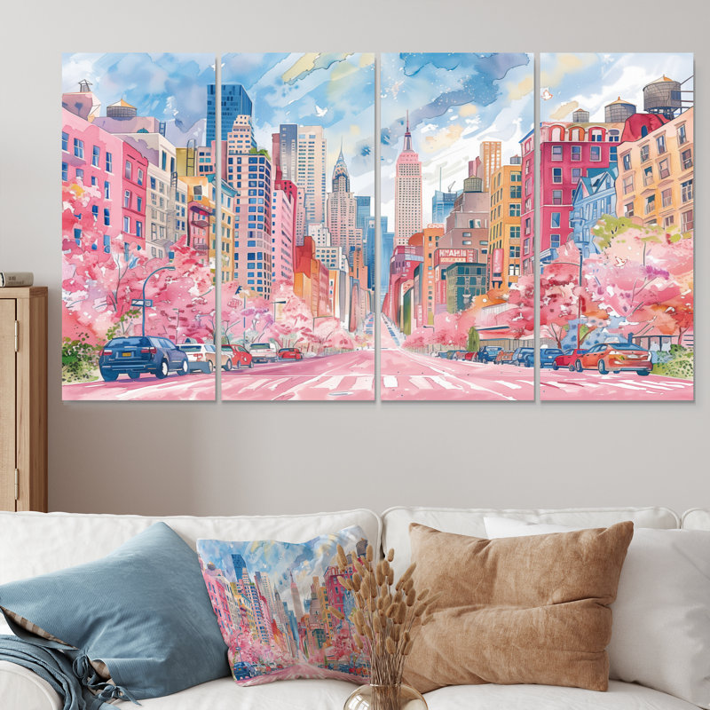 Ensemble de reproductions d'art murales roses et bleues de New York, H 28 po x l 48 po